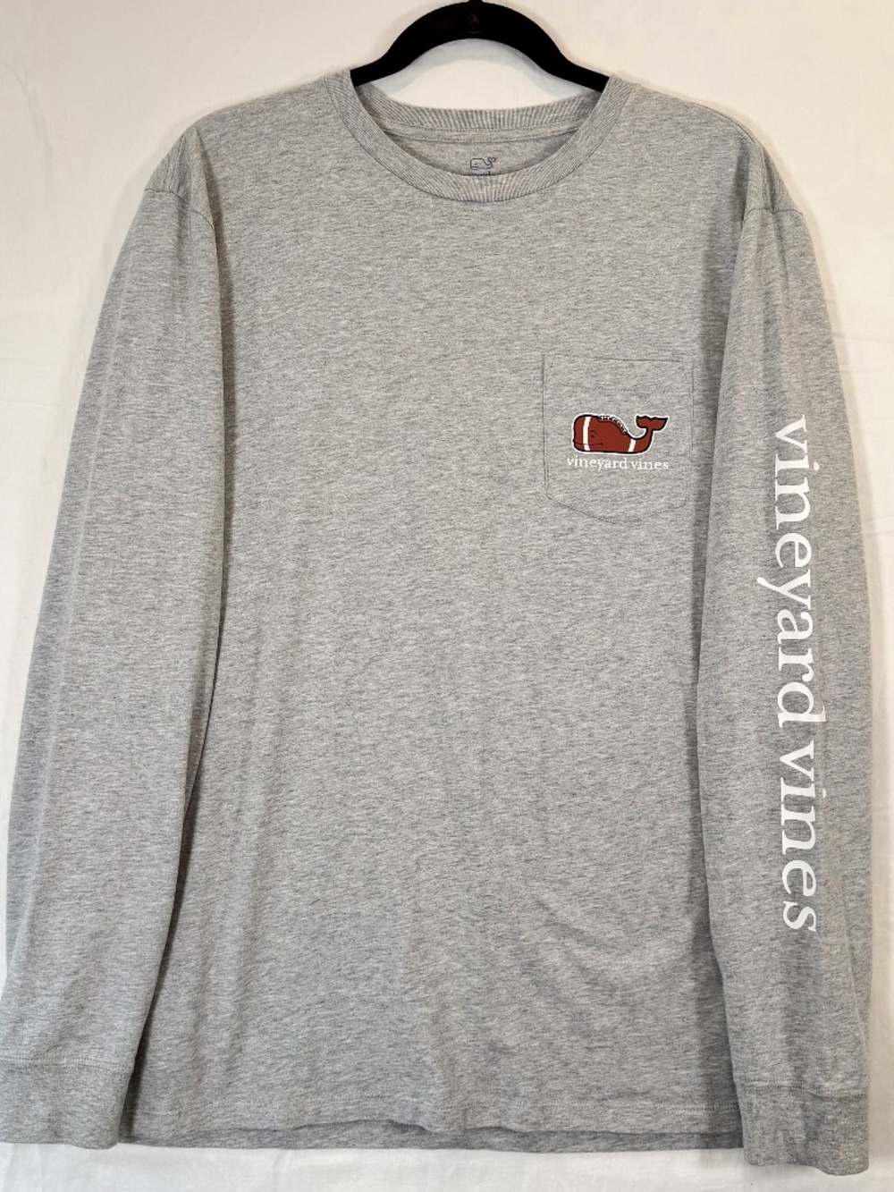 Vineyard Vines Mens LG Heather Grey Football Whale Long Sleeve Pocket T-shirt